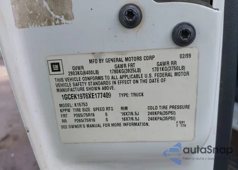 1999 Chevrolet Silverado 1500 Lt z USA, uszkodzony, nr VIN 1GCEK19T6XE177409